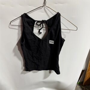 #3404-Energie Black V-Neck Tie-Back Crop Tank Top